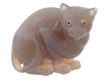 RUSSIAN CARVED AGATE CAT FIGURE WITH EMERALD EYES