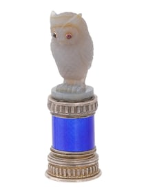 RUSSIAN CARVED AGATE OWL FIGURINE W GOLD GEMSTONE EYES