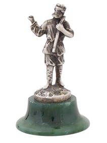RUSSIAN SILVER FIGURE OF A MOUJIK ON NEPHRITE JADE BASE