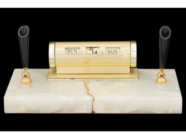 PERPETUAL DESK CALENDAR W PEN HOLDERS ON ONYX BASE