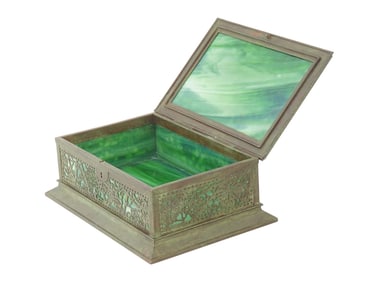 TIFFANY STYLE PIERCED BRASS AND GLASS TRINKET BOX