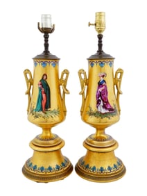 PAIR OF EUROPEAN PAINTED ON GOLD GROUND VASES LAMPS