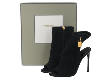 TOM FORD OPEN TOE BLACK SUEDE LOCK ANKLE BOOTS IOB
