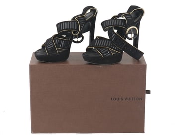 LOUIS VUITTON BLACK SUEDE PLATFORM HEELS IOB