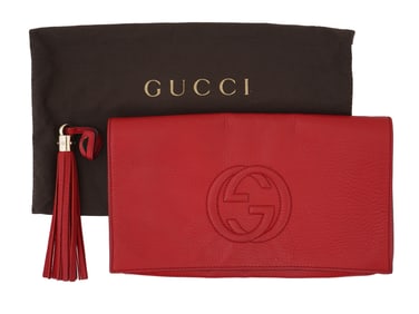 RED LEATHER GUCCI SOHO CLUTCH BAG WITH A TASSEL