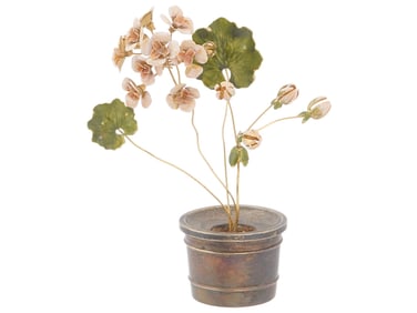 VTG AMERICAN GORHAM ENAMELED GERANIUM IN SILVER POT