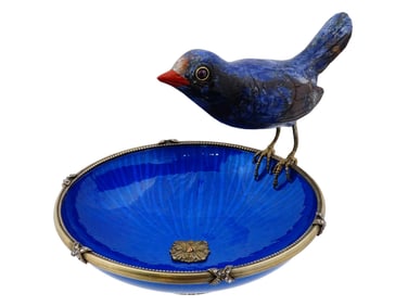 RUSSIAN SILVER ENAMEL COIN BOWL WITH BIRD FIGURE
