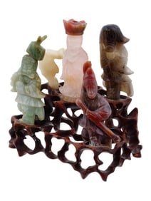 CHINESE CARVED HARD STONE FIGURINES ON WOODEN BASE