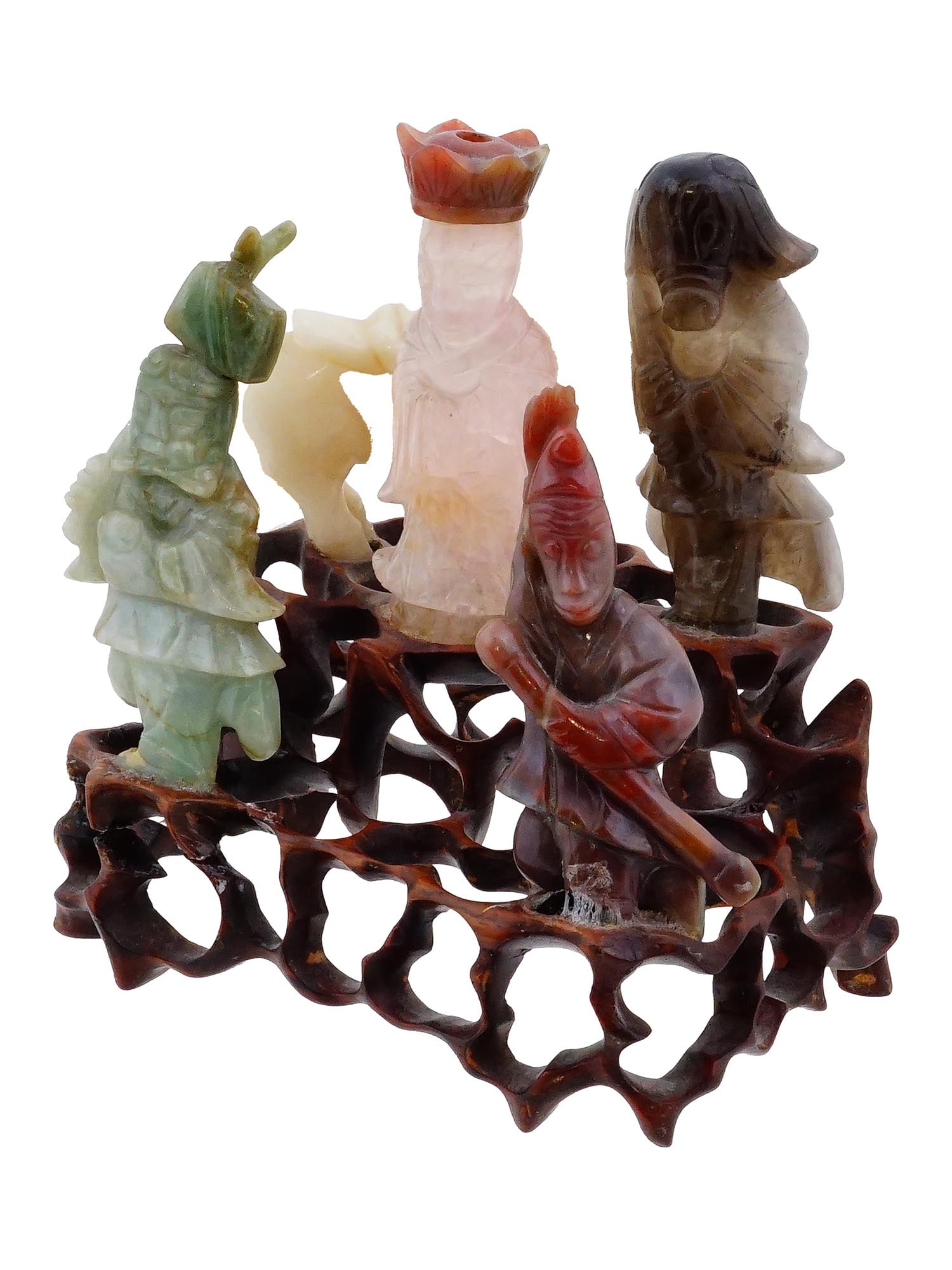 CHINESE CARVED HARD STONE FIGURINES ON WOODEN BASE (1 of 10)