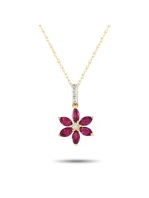 14K  GOLD 0.01CT DIAMOND AND RUBY FLOWER NECKLACE