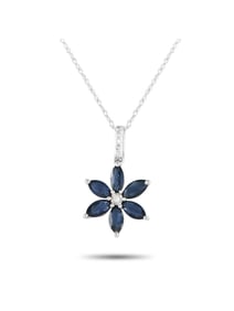 14K  GOLD 0.01 CT DIAMOND AND SAPPHIRE FLOWER NECKLACE