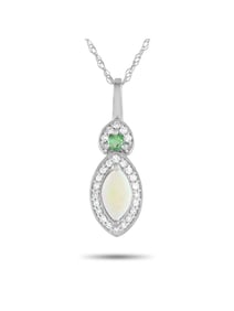 14K GOLD 0.07CT DIAMOND, OPAL, AND EMERALD PENDANT NECKLACE