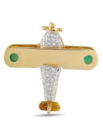 18K  GOLD 0.24CT DIAMOND AND EMERALD AIRPLANE BROOCH