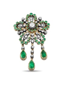ANTIQUE 18K GOLD AND SILVER DIAMOND AND EMERALD BROOCH
