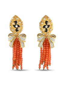 18K  GOLD 1.20CT DIAMOND, ONYX, AND CORAL TASSEL EARRINGS
