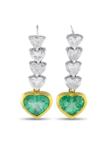 PLATINUM AND 18K GOLD DIAMOND AND EMERALD DANGLE EARRINGS