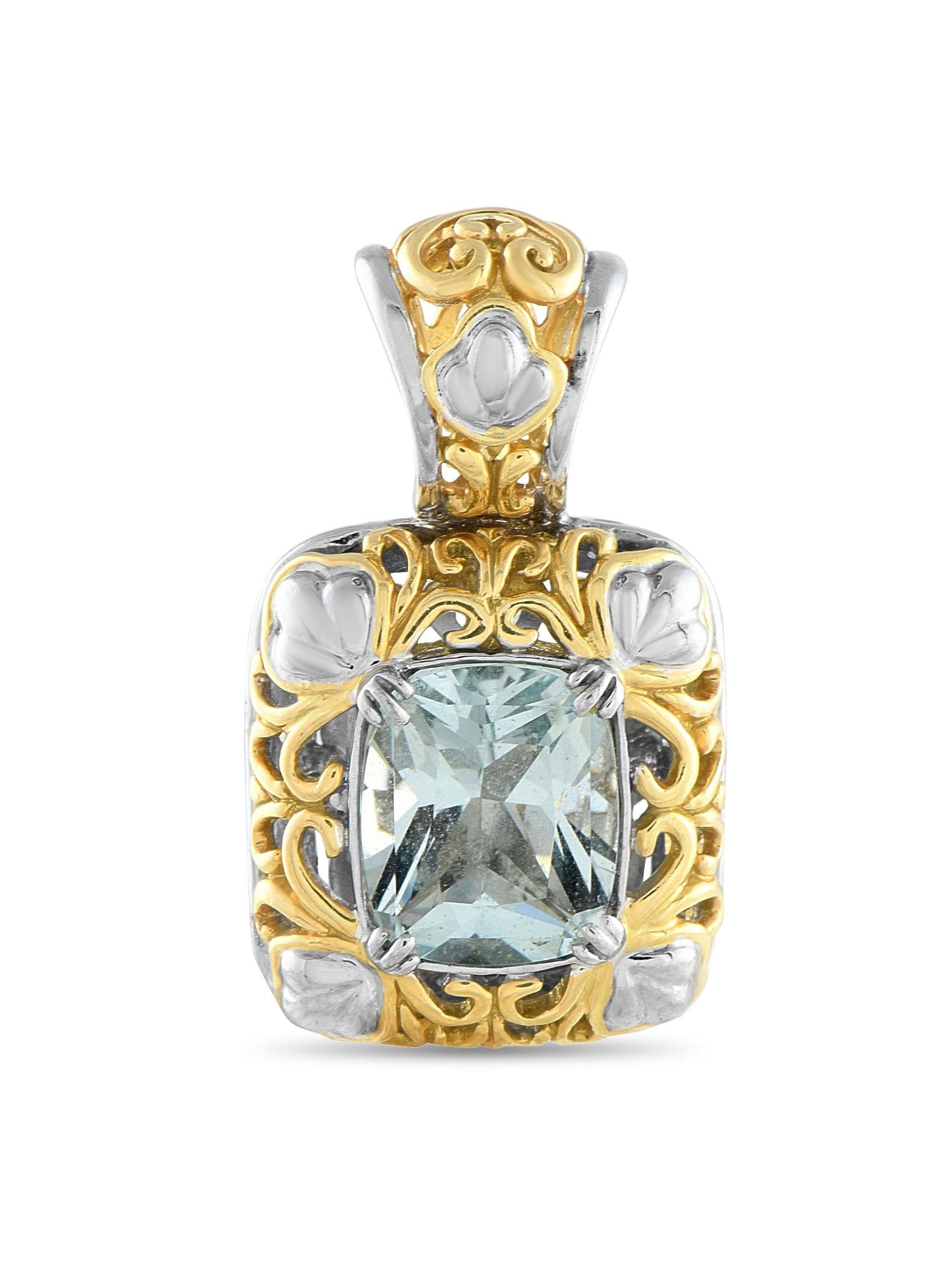 JOHN HARDY 18K AND GOLD 4.0CT AQUAMARINE PENDANT: This John Hardy Pendant is simply unforgettable. Intricate 18K Yellow Gold metalwork is elevated by carefully placed 18K White Gold accents. At the center, a breathtaking 4.0 carat Aquamarine gemstone