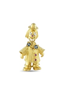 PETER LINDEMAN 18K GOLD DIAMOND SAPPHIRE RUBY CLOWN BROOCH