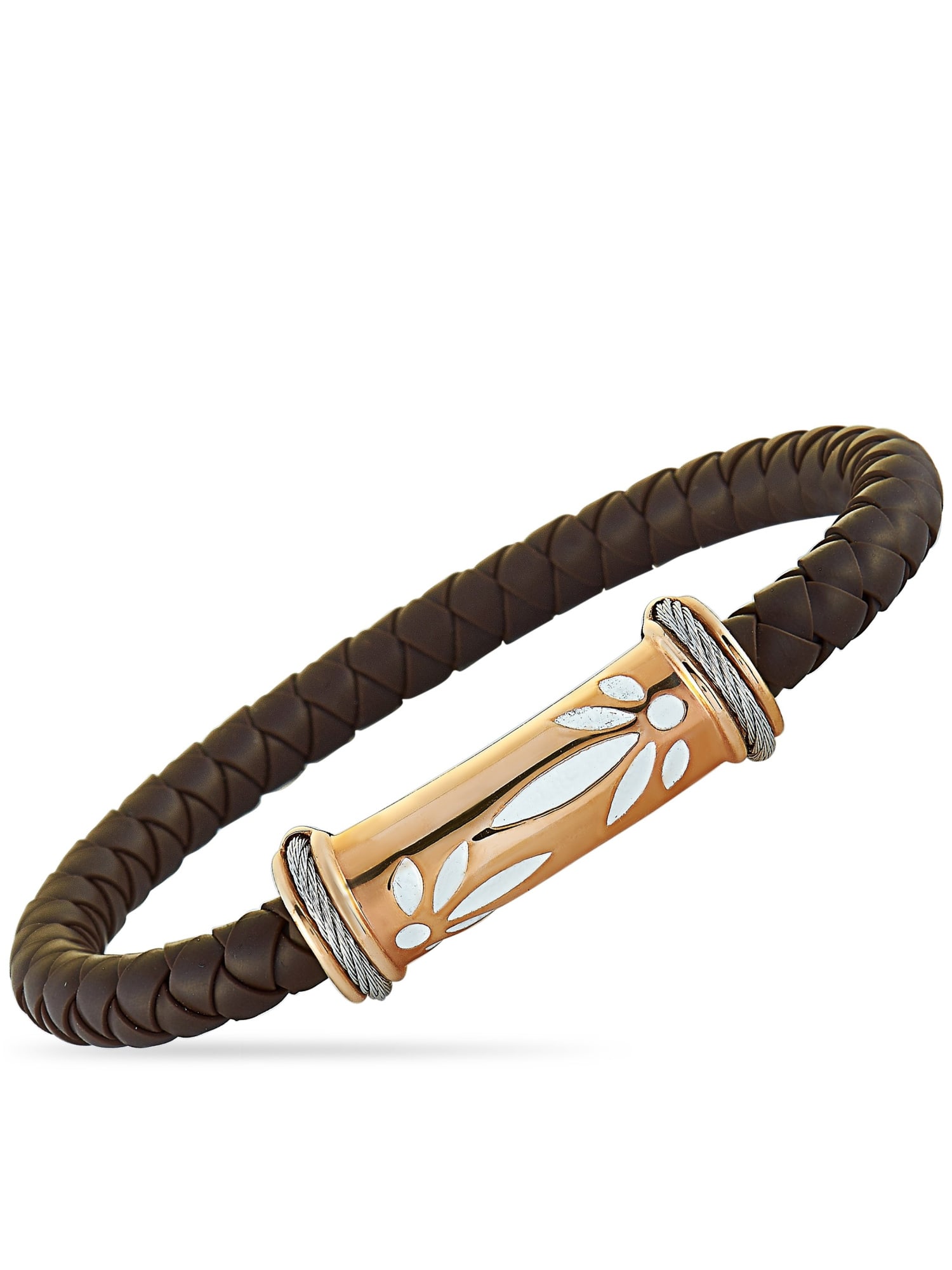 CHARRIOL STAINLESS STEEL PVD BROWN RUBBER BANGLE BRACELET: This Charriol bracelet is made out of rose PVD-plated stainless steel and brown rubber. The bracelet weighs 19.4 grams and measures 6.25 in length.Offered in brand new condition, this item includes th