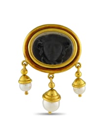 ELIZABETH LOCKE 18K  GOLD AND PEARL INTAGLIO MEDUSA BROOCH