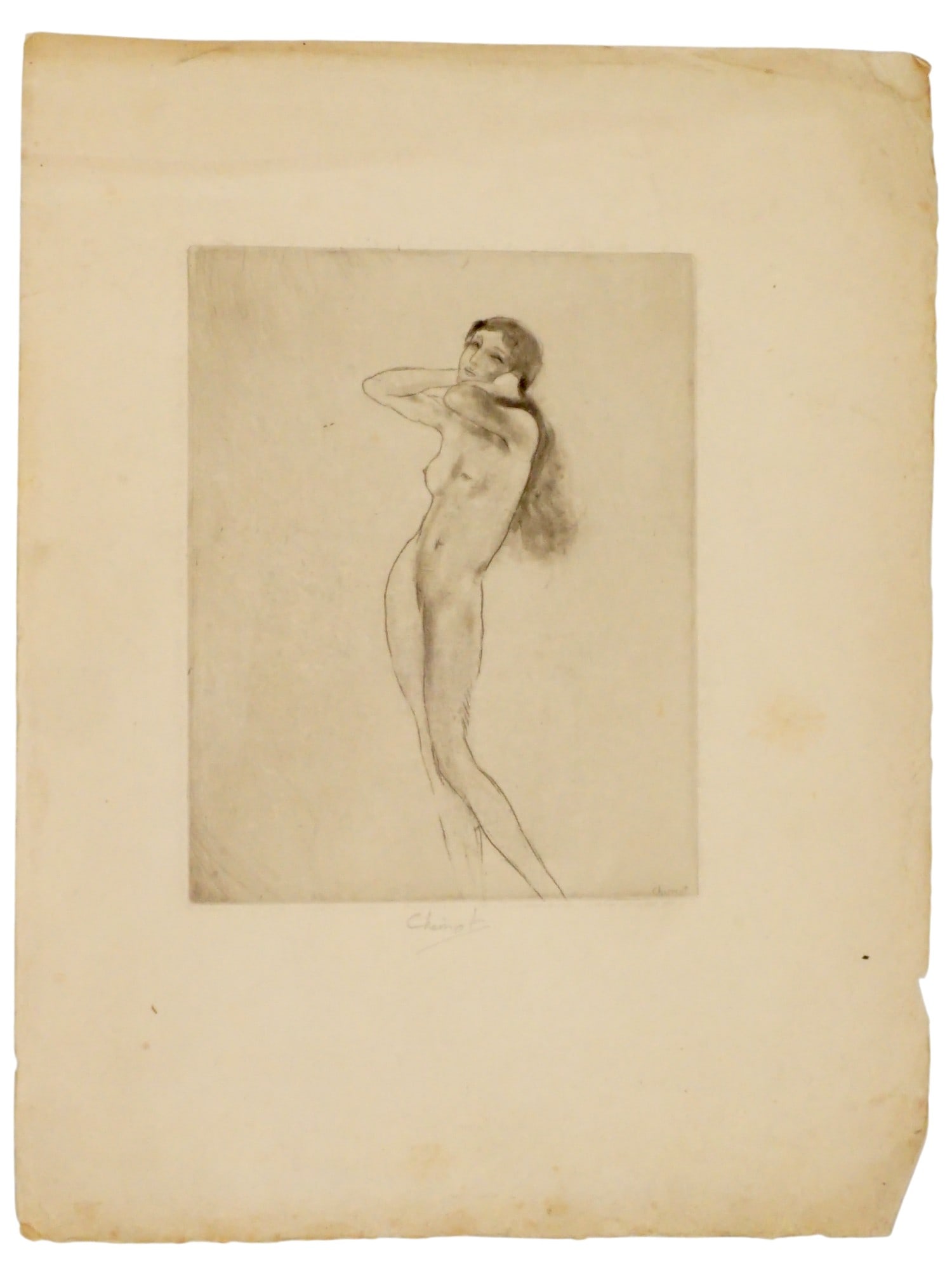 EDOUARD CHIMOT FRENCH FEMALE NUDE ETCHING SIGNED: Edouard Chimot, French, 1880 to 1959, etching on paper. The artwork depicts a full-length portrait of a nude woman. Signed in pencil in the bottom middle. Undated. Unframed. Edouard Chimot was a Frenc