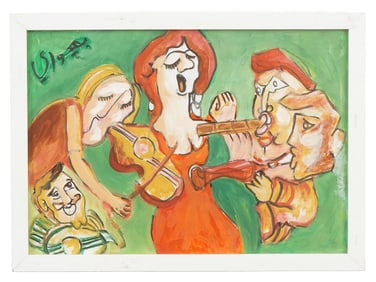 GEORGE BAHGOURY EGYPTIAN PAINTING MUSIC SCENE WITH COA