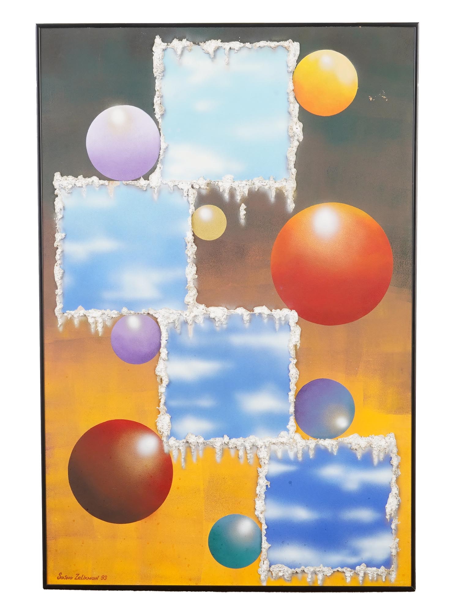 RUSSIAN MIX MEDIA PAINTING BY SASHA ZELIKMAN 1993: A vintage Russian mixed media on board painting by Sasha Zelikman, 1993. The artwork depicts a semi-abstract surreal composition with colorful balls and windows overlooking the sky. Signed and dated b