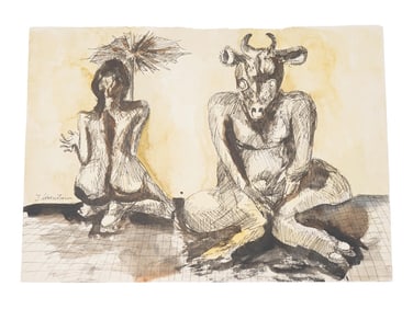 VTG POLISH MIX MEDIA PAINTING BY JAN LEBENSTEIN W COA