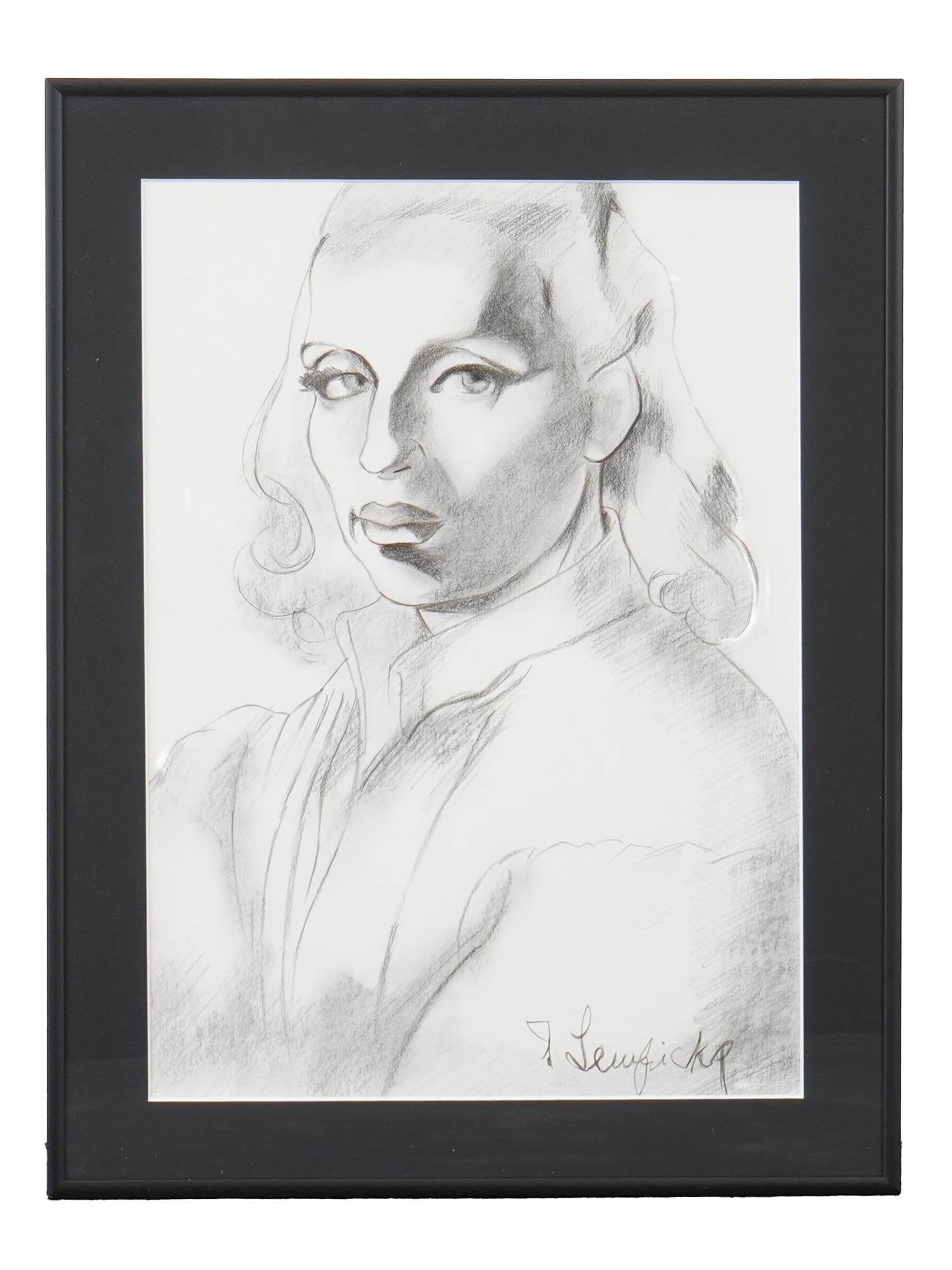 STYLE OF TAMARA DE LEMPICKA PORTRAIT PAINTING: In the style of Tamara de Lempicka, Polish, 1898 to 1980, a pencil portrait painting on paper. Signed lower right. Matted and framed. Stamped on the backside: National Gallery of Art, U.S.A. Musee d O