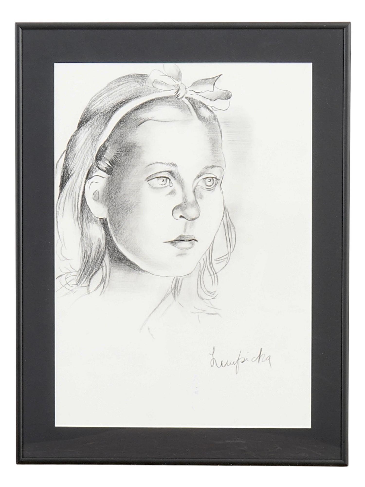 STYLE OF TAMARA DE LEMPICKA PORTRAIT PAINTING: In the style of Tamara de Lempicka, Polish, 1898 to 1980, Portrait of a Woman, a pencil drawing on paper, signed lower right. This portrait exemplifies Lempickas characteristic Art Deco style, with re