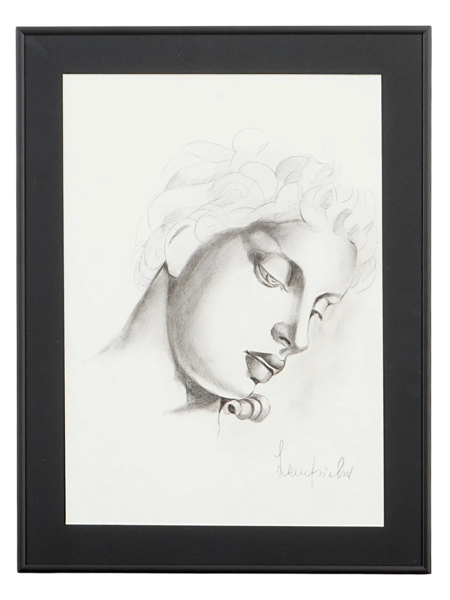 STYLE OF TAMARA DE LEMPICKA PORTRAIT PAINTING: In the style of Tamara de Lempicka, Polish, 1898 to 1980, Portrait of a Woman, a pencil drawing on paper, signed lower right. This portrait exemplifies Lempickas characteristic Art Deco style, with re