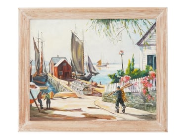 MID CENTURY PAINTING SIGNED D. GELINAS COASTAL SCENE