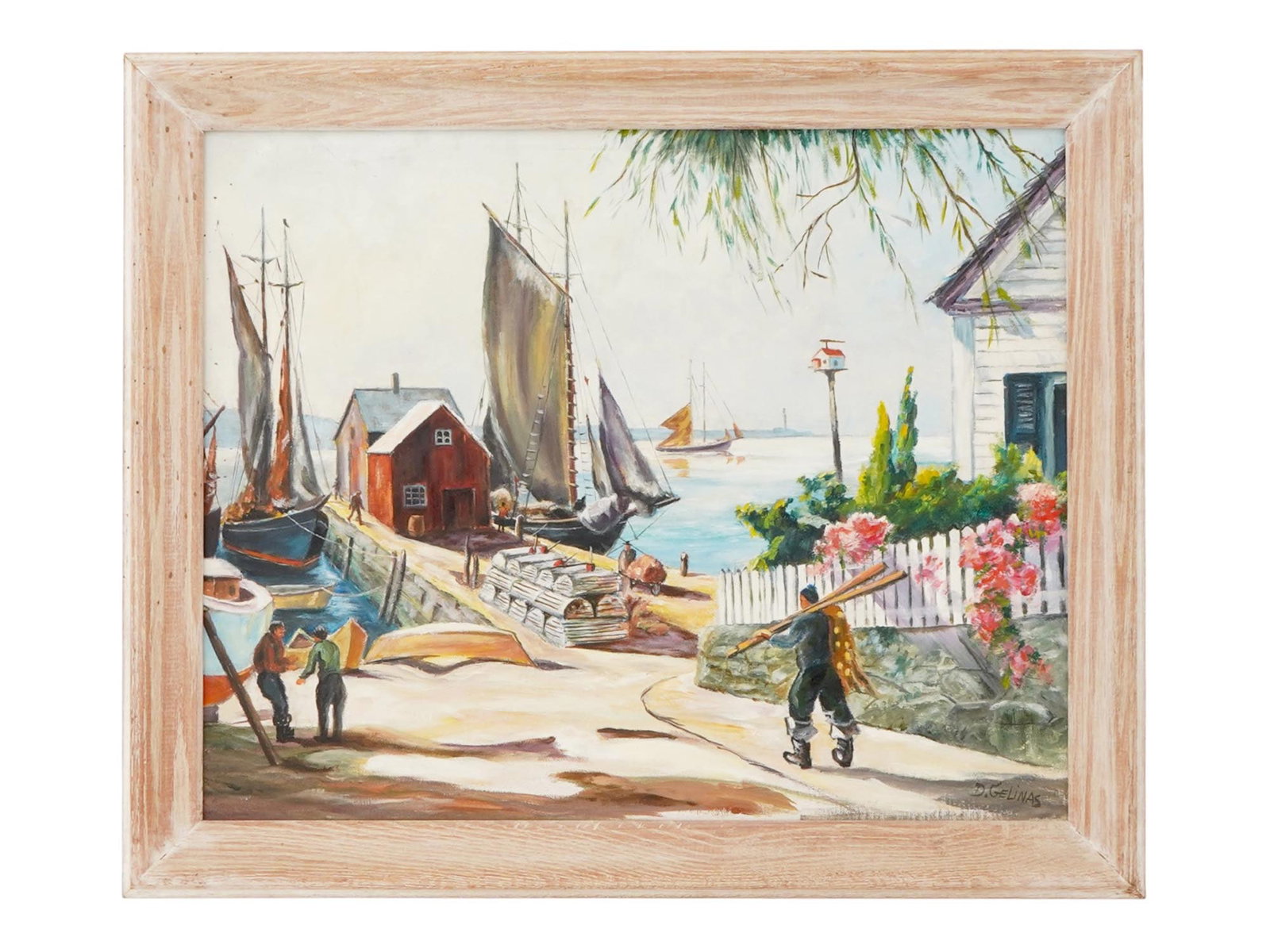 MID CENTURY PAINTING SIGNED D. GELINAS COASTAL SCENE: A mid-century oil painting on canvas laid on board depicting a coastal scene with boats, signed D. Gelinas lower right, and framed. Mid Century Painting And Art Collectibles. THIS LOT IS ELIGIB