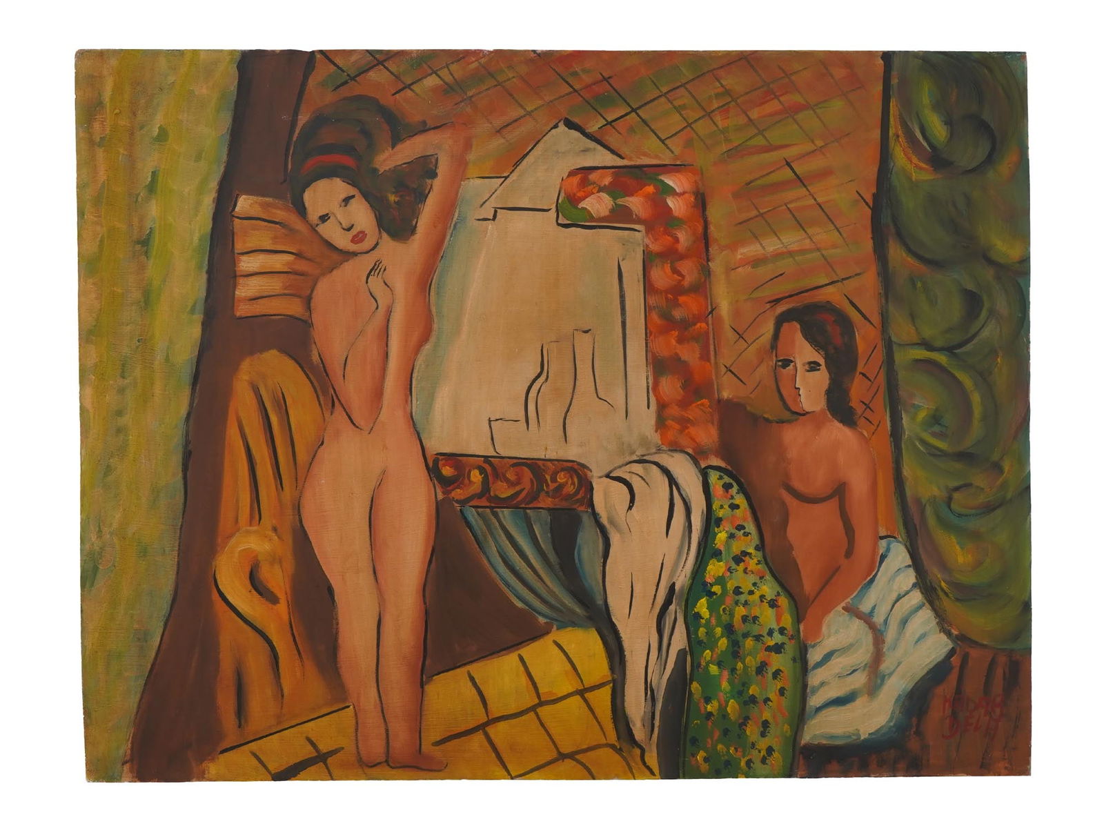 HUNGARIAN NUDE OIL PAINTING SIGNED KADAR BELA: An oil painting on masonite board depicting a genre scene with two nude women. Signed, Kadar Bela, lower right. Additionally inscribed in the backside. Bela Kadar, Hungarian, French, 1877 to 1956, was