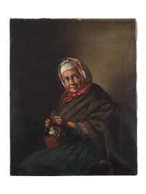 ANTIQUE PAINTING ELDERLY WOMAN IN A RED HEAD SCARF