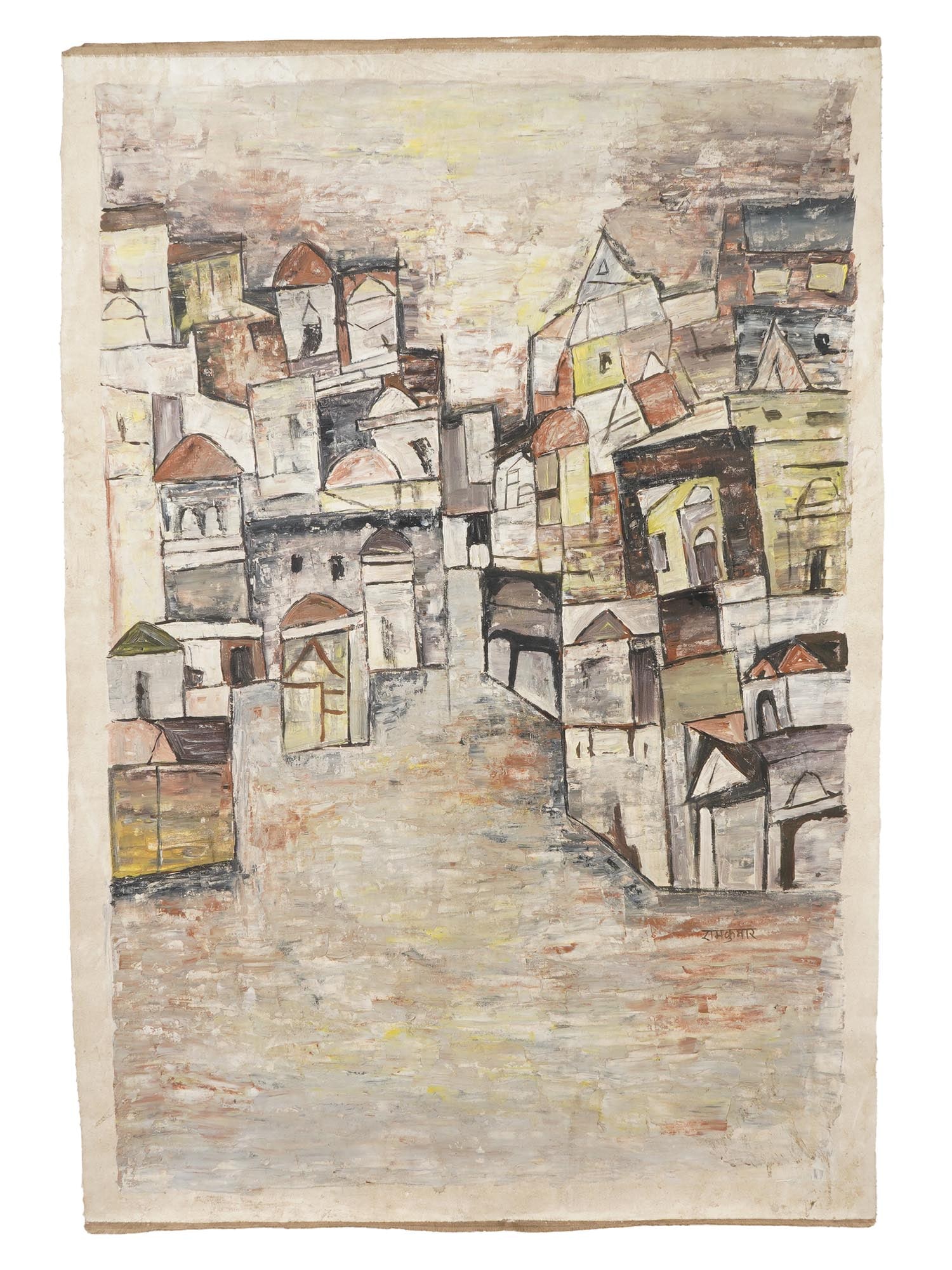 INDIAN OIL PAINTING SIGNED RAM KUMAR WITH COA: An Indian school oil painting on canvas, depicting a cityscape, signed Ram Kumar lower right. Comes with a certificate of authenticity. Ram Kumar, Indian, 1924 to 2018, was one of Indias foremost abst