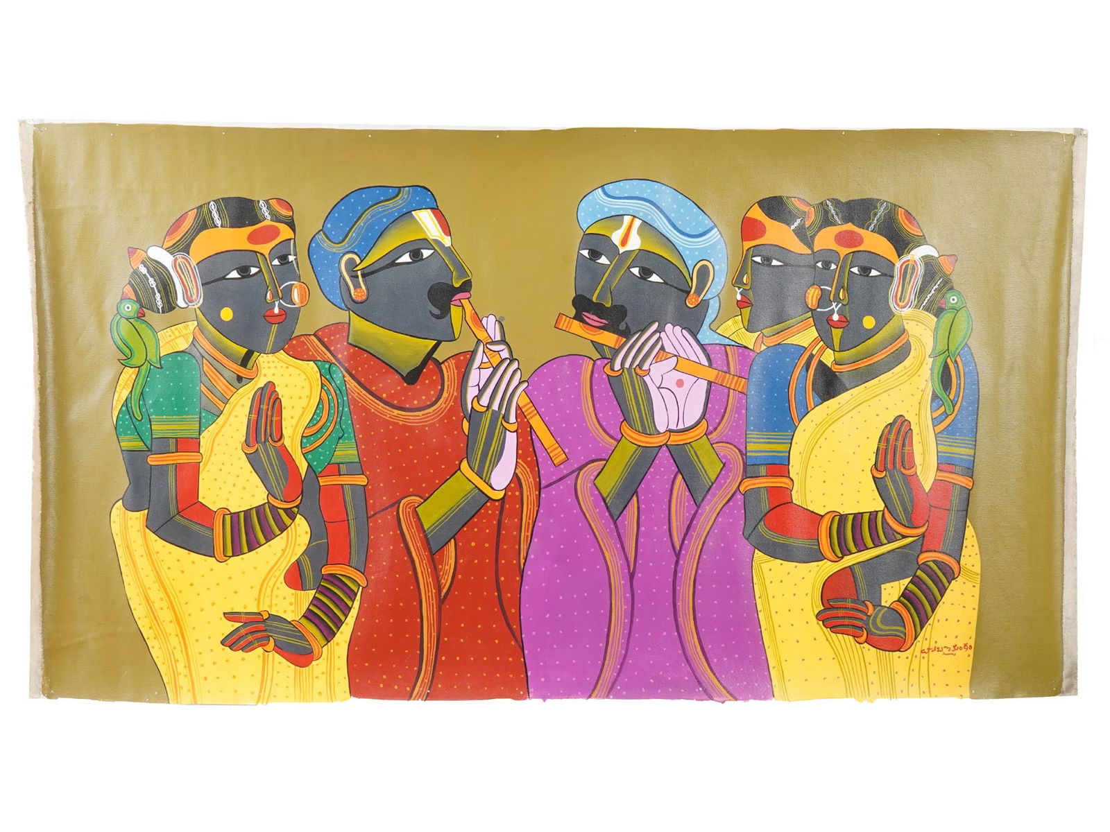INDIAN SCHOOL PAINTING SIGNED THOTA VAIKUNTAM W COA: A mid-century Indian School, acrylic on canvas painting, signed Thota Vaikuntam, one of Indias most distinctive contemporary artists. Signed lower right. Renowned for his vibrant portrayals of rural T
