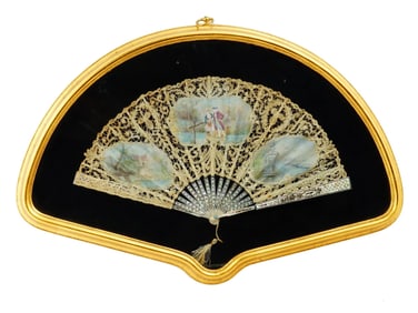 ANTIQUE FRENCH PAINTED MOTHER OF PEARL LACE FAN