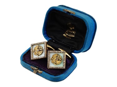 RUSSIAN GILT SILVER ENAMEL DIAMONDS CUFFLINKS W BOX
