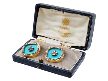 RUSSIAN GILT SILVER ENAMEL CUFFLINKS W DIAMONDS