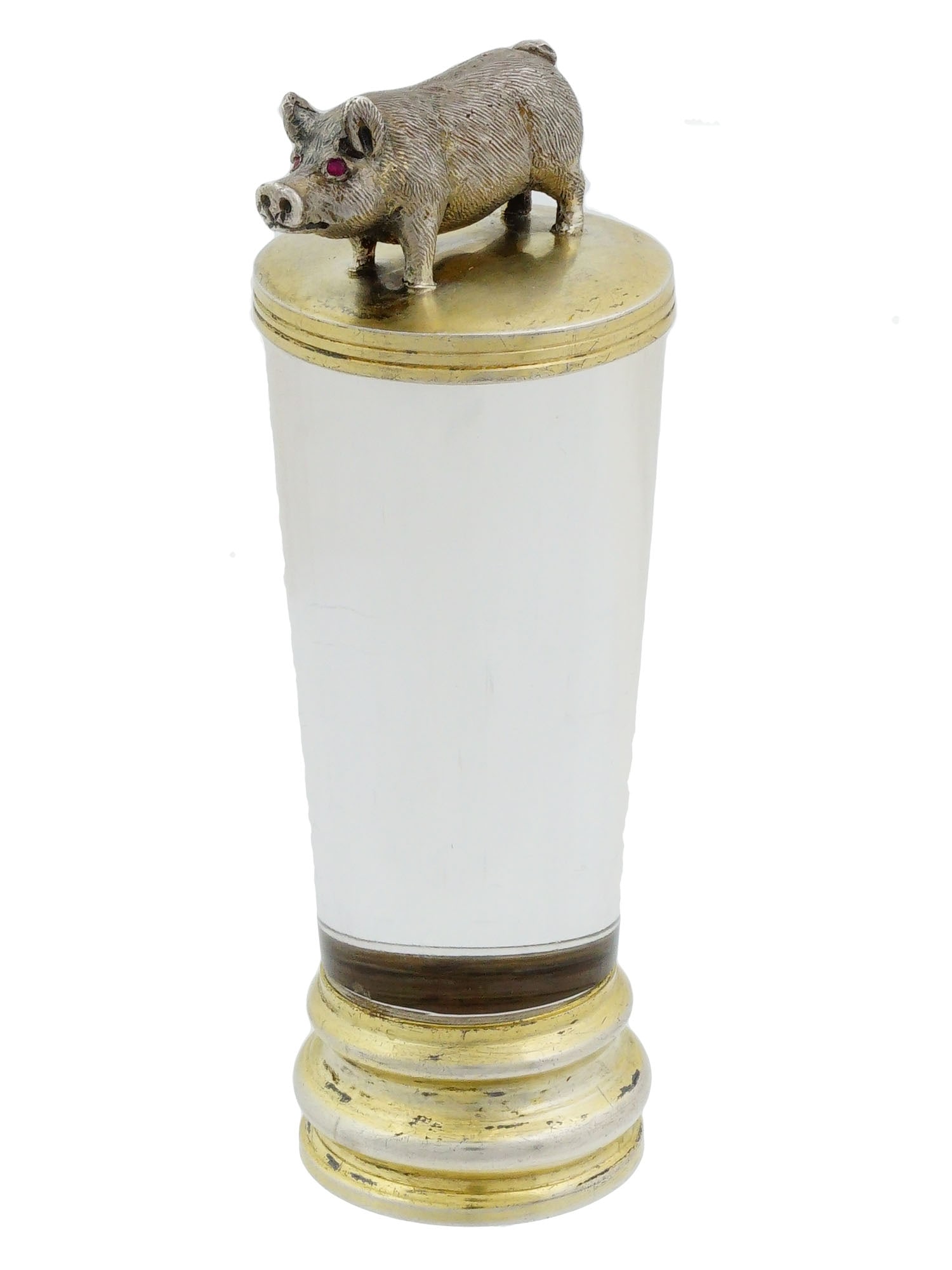 VINTAGE SILVER CRYSTAL HAND STAMP WITH A PIG: A hand seal. Clear glass body, gilt silver fittings. Figurative pig finial with gemstone eyes. Unmarked. Collectible Desk Accessories, Writing Instruments, Jewelry. THIS LOT IS ELIGIBLE FOR A