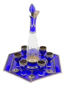 ANTIQUE 19TH C FRENCH SILVER GLASS ENAMEL LIQUOR SET