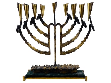 JUDAICA WELDED GILT BRONZE MENORAH BY CHAIM HENDIN