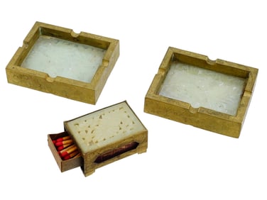 BRONZE CARVED HARD STONE ASHTRAYS W MATCH HOLDER