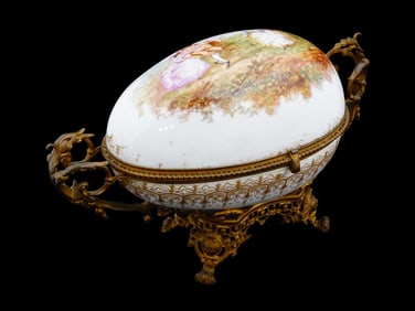 19TH CEN FRENCH PORCELAIN BRONZE EGG SHAPED BOX