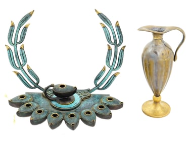 VINTAGE JUDAICA BRASS HANUKKAH MENORAH WITH AN OIL JUG