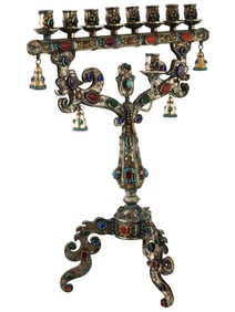 JUDAICA FILIGREE SILVER MENORAH WITH GEMSTONES