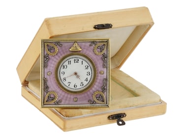 RUSSIAN GILT SILVER GUILLOCHE ENAMEL DIAMOND CLOCK