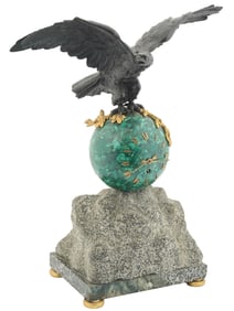 ANTIQUE FRENCH BRONZE AND MALACHITE MANTLE CLOCK