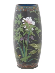 ANTIQUE JAPANESE MEIJI ERA BRASS ENAMEL FLORAL VASE